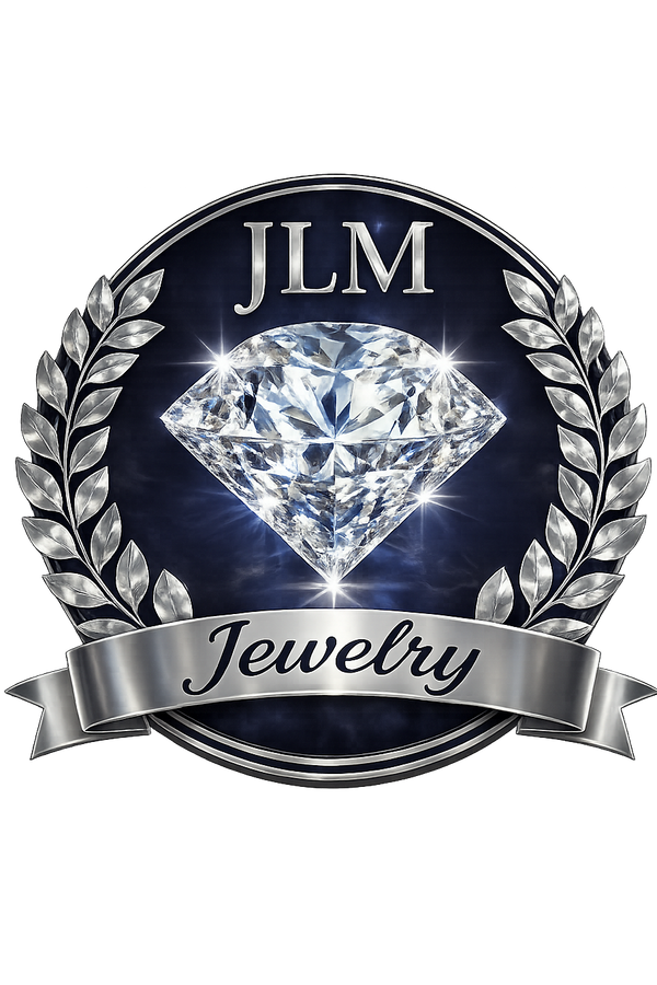 JLM Jewelry logo with a diamond and laurel wreath on a white background